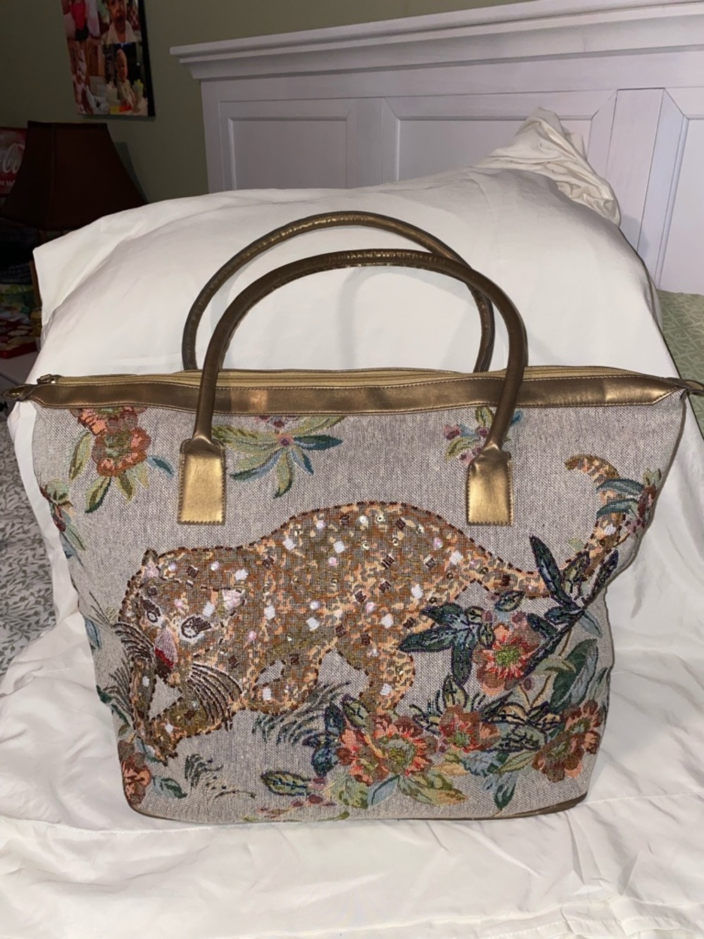 Sequin Floral Beaded Tapestry Animal Tote in Gold and Neutral Tones